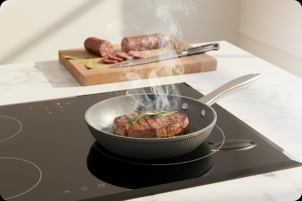 Frigideira com bife numa placa de indução